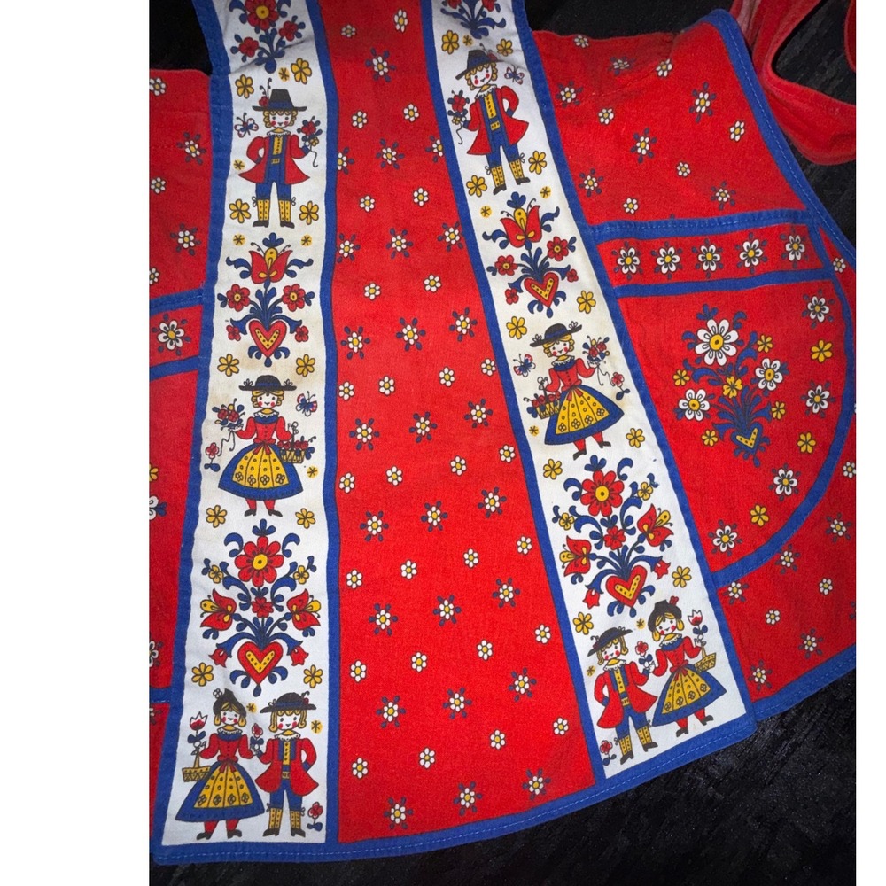 Vintage Kolf Austrian German Folk Art Child Apron Red Blue 2 Pockets - Picture 5 of 8